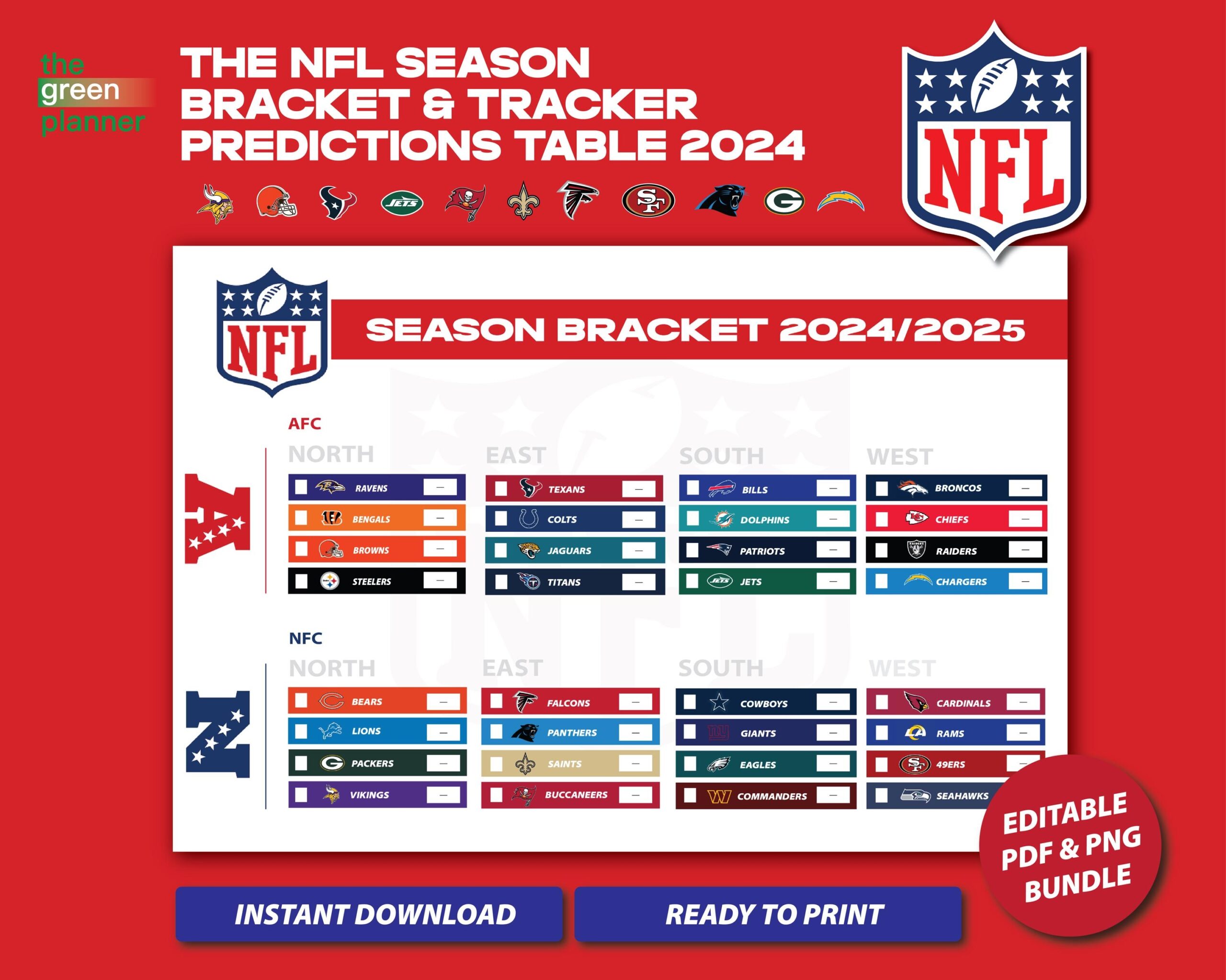NFL Season Prediction Bracket Table 2024 2025 Printable NFL Playoff Predictor Football Group Seeding Win loss Tracker Etsy