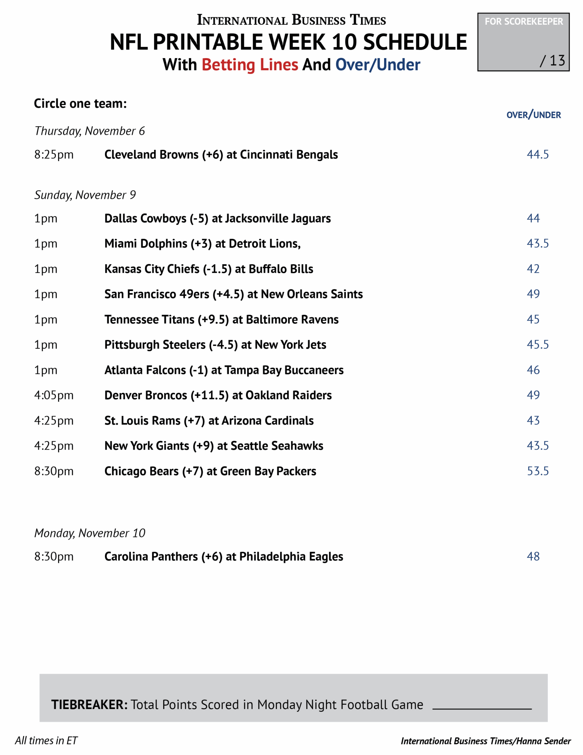 Week 10 Nfl Schedule Printable