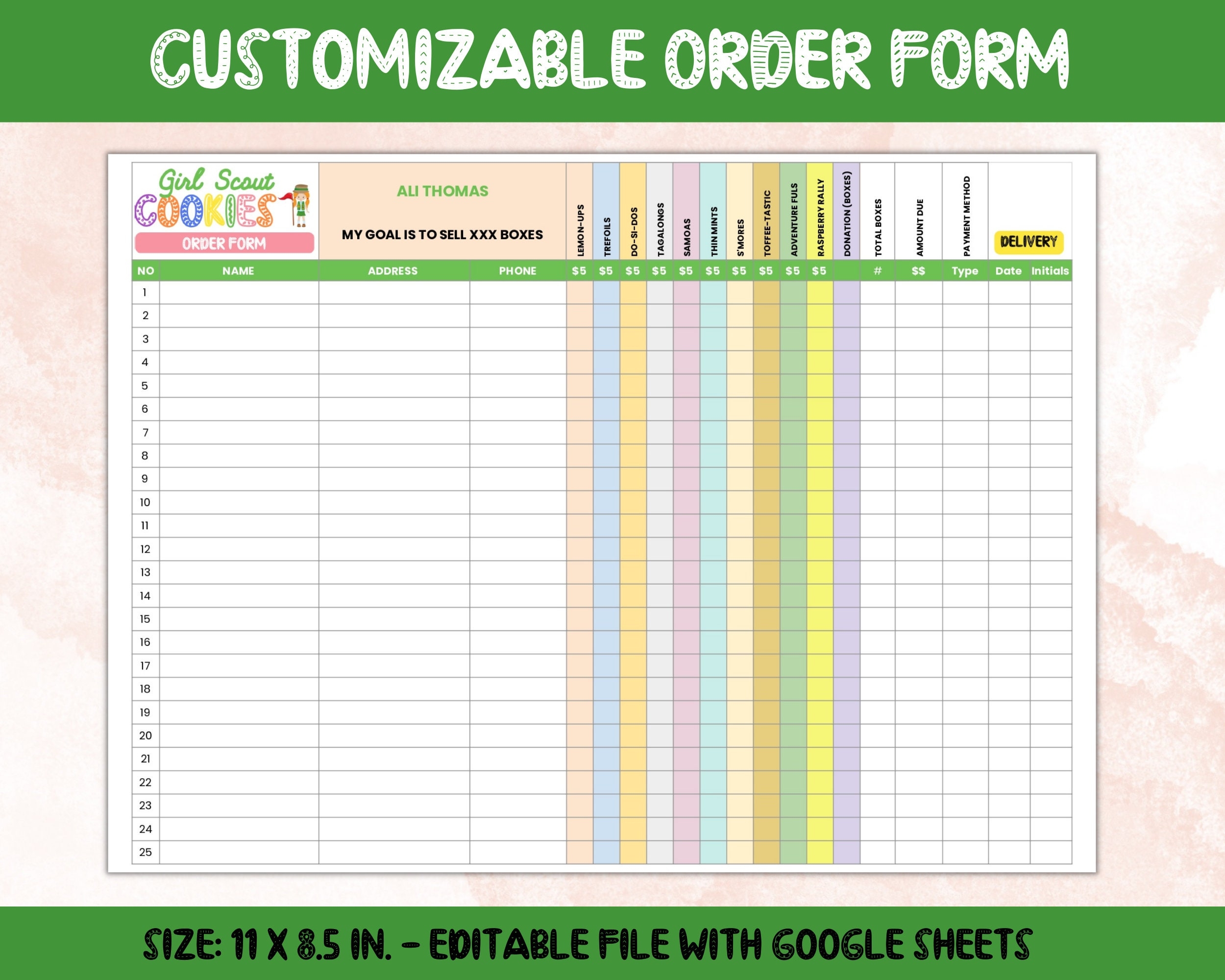 Order Form Template Editable With Google Sheets Edit And Print 8 5X11 Instant Download Etsy