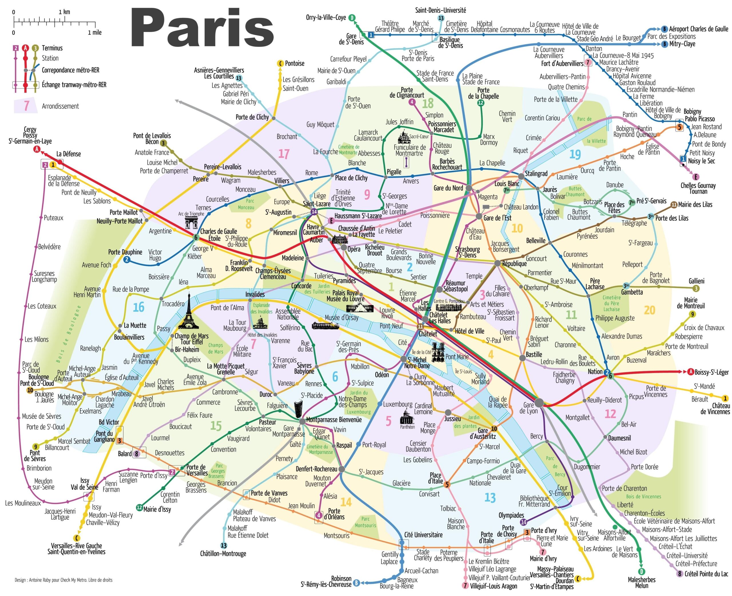 Paris Metro Map With Monuments Map Of Paris Metro With Monuments le de France France 