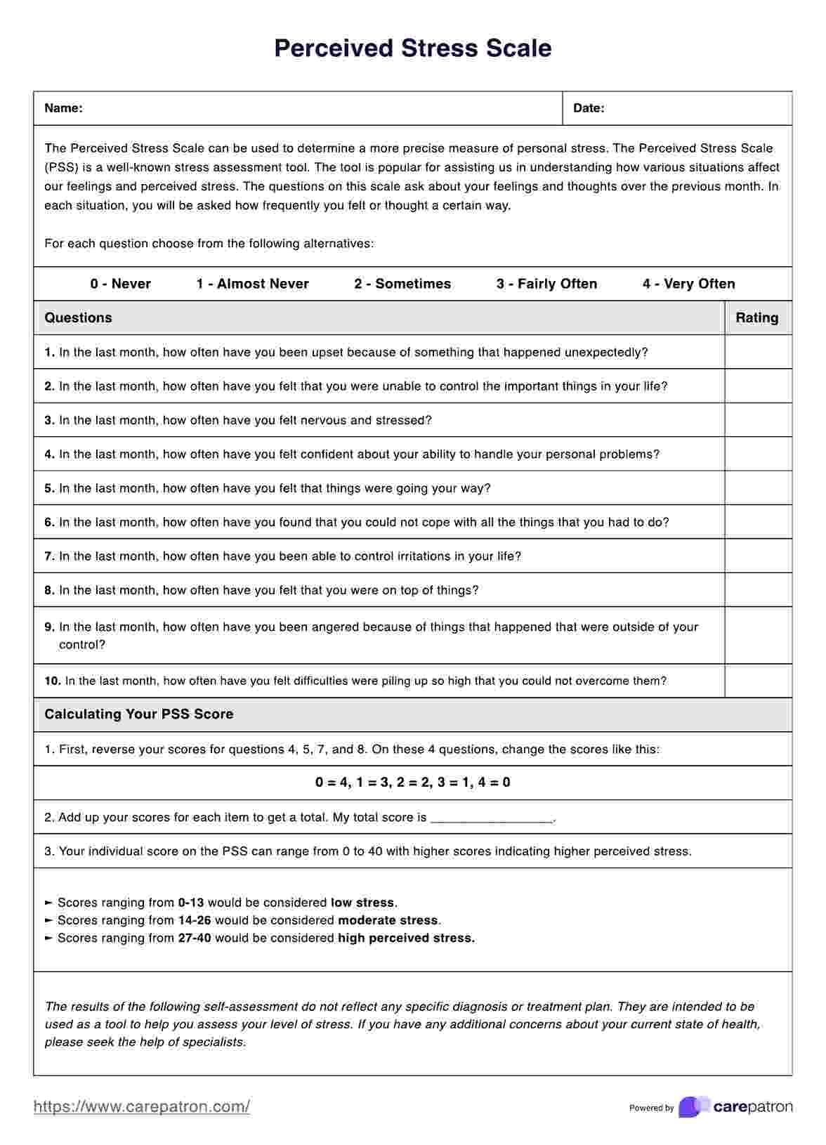 Perceived Stress Scale PSS Example Free PDF Download