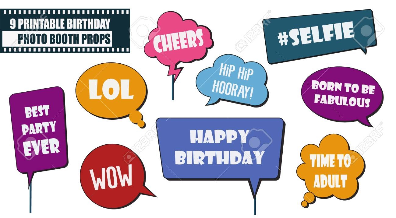 Photo Booth Props Set For Birthday Party Vector Illustration Printable Icons With Speech Bubbles And Funny Phrases For Making Photo Booth Collage Royalty Free SVG Cliparts Vectors And Stock Illustration Image 98430951 