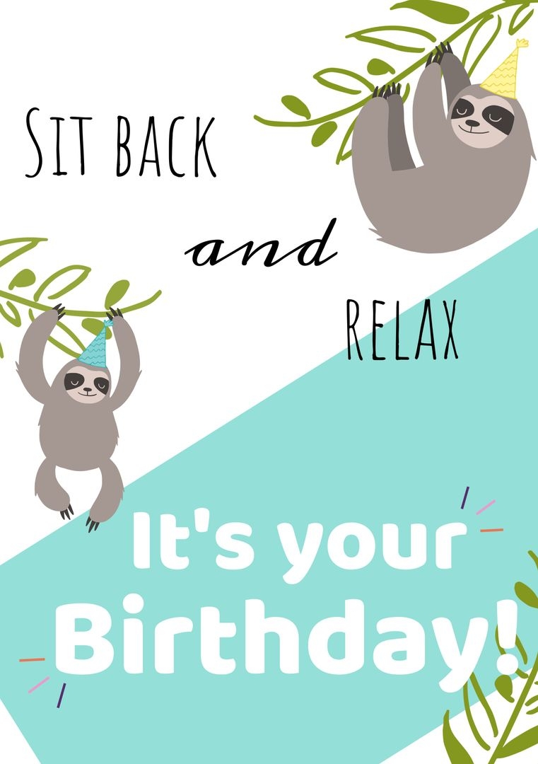 Playful Sloth Relaxation Birthday Card Design