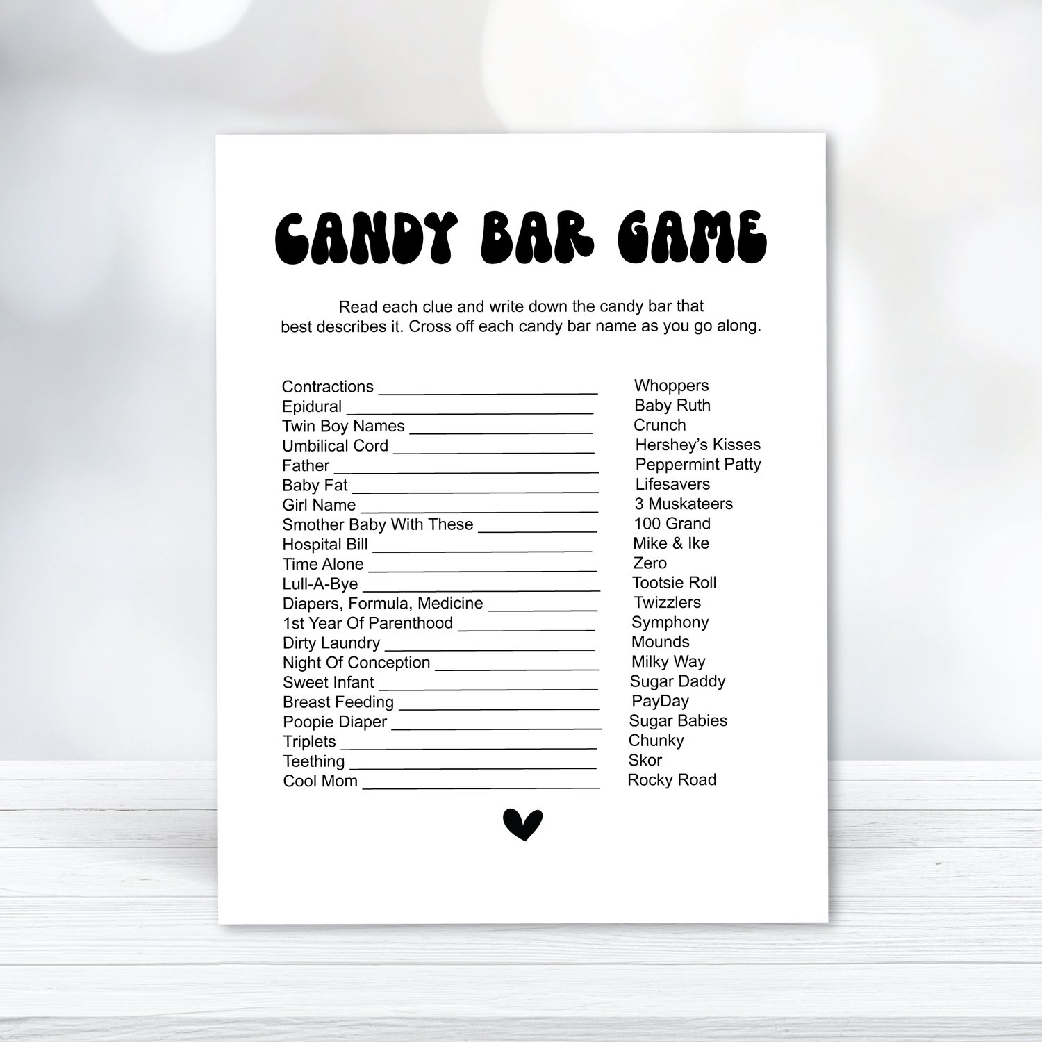 Printable Baby Shower Candy Bar Game Retro Hippie