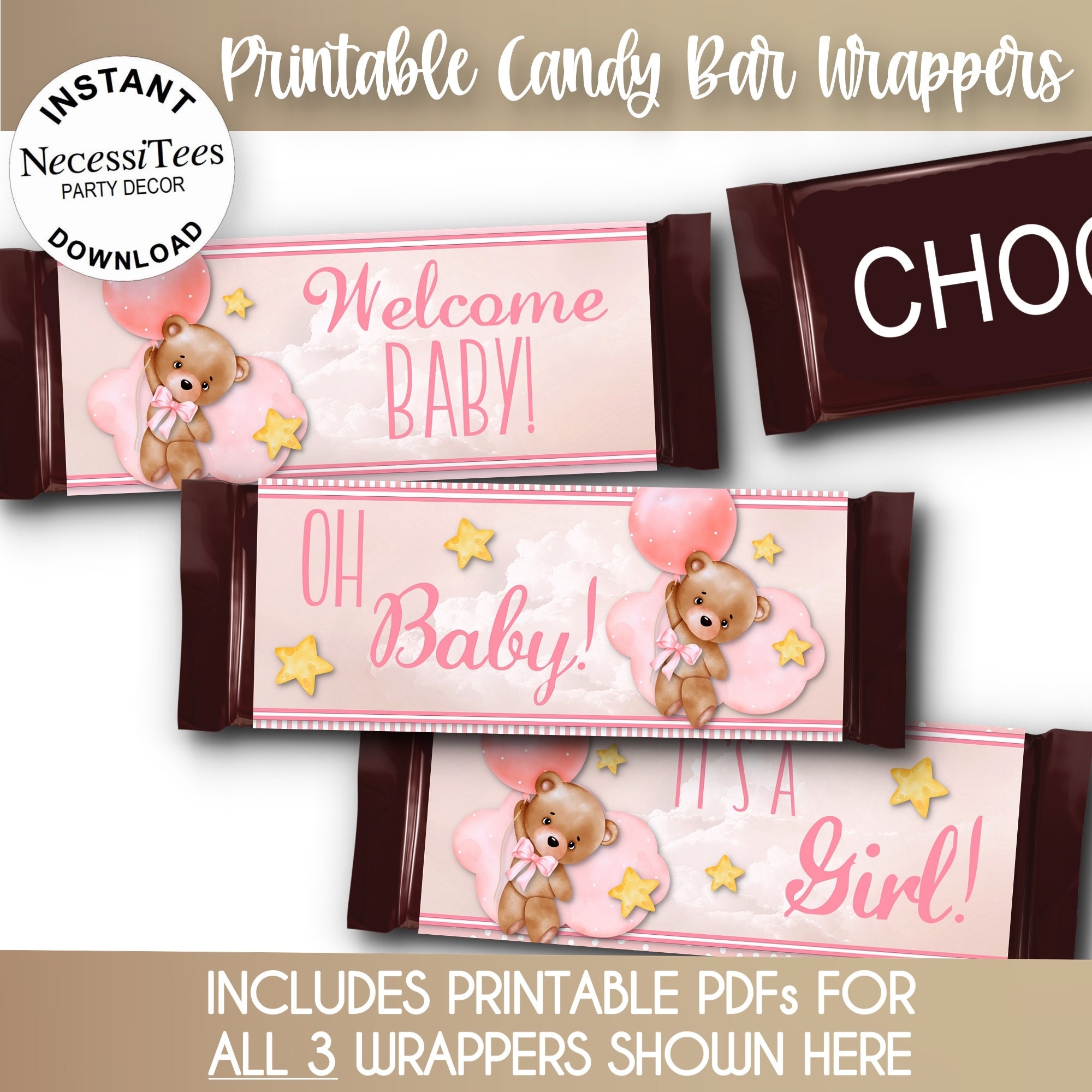 PRINTABLE Baby Shower Candy Bar Wrapper Templates Bear With Pink Balloons 3 Pdfs NOT Editable Instant Download Etsy