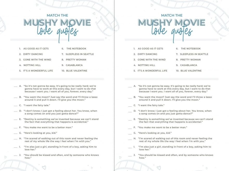 Printable Bridal Shower Game Match The Mushy Movie Love Quotes Totally Inspired