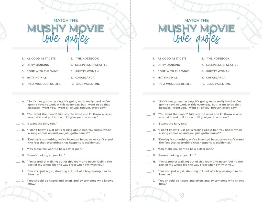 Printable Bridal Shower Game Match The Mushy Movie Love Quotes Totally Inspired