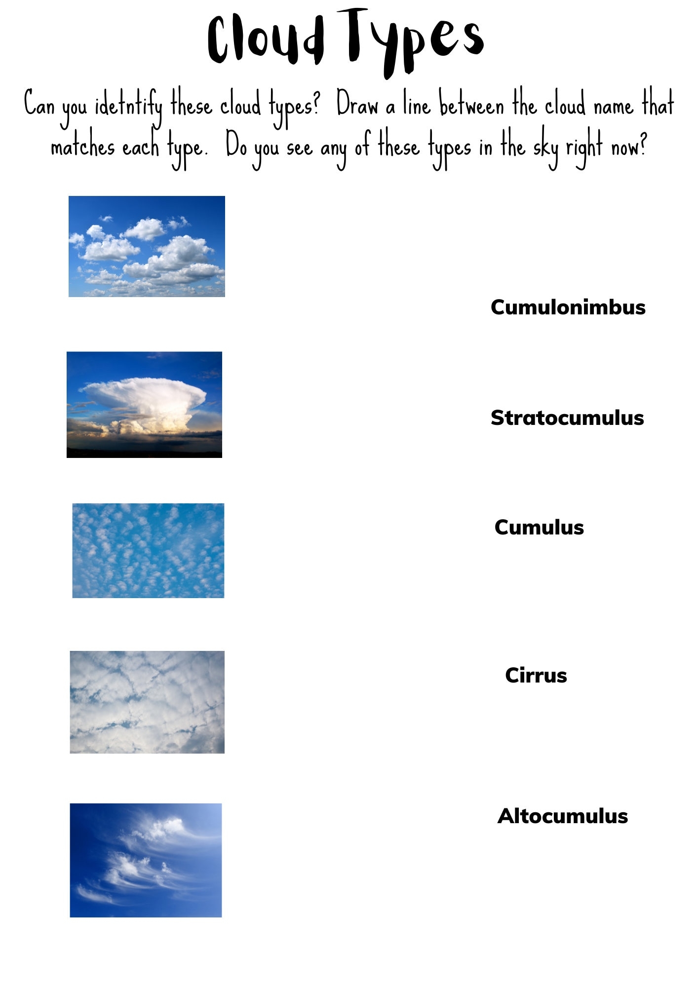 PRINTABLE Cloud Types Worksheet Roadtrip Games Science And Learning Etsy