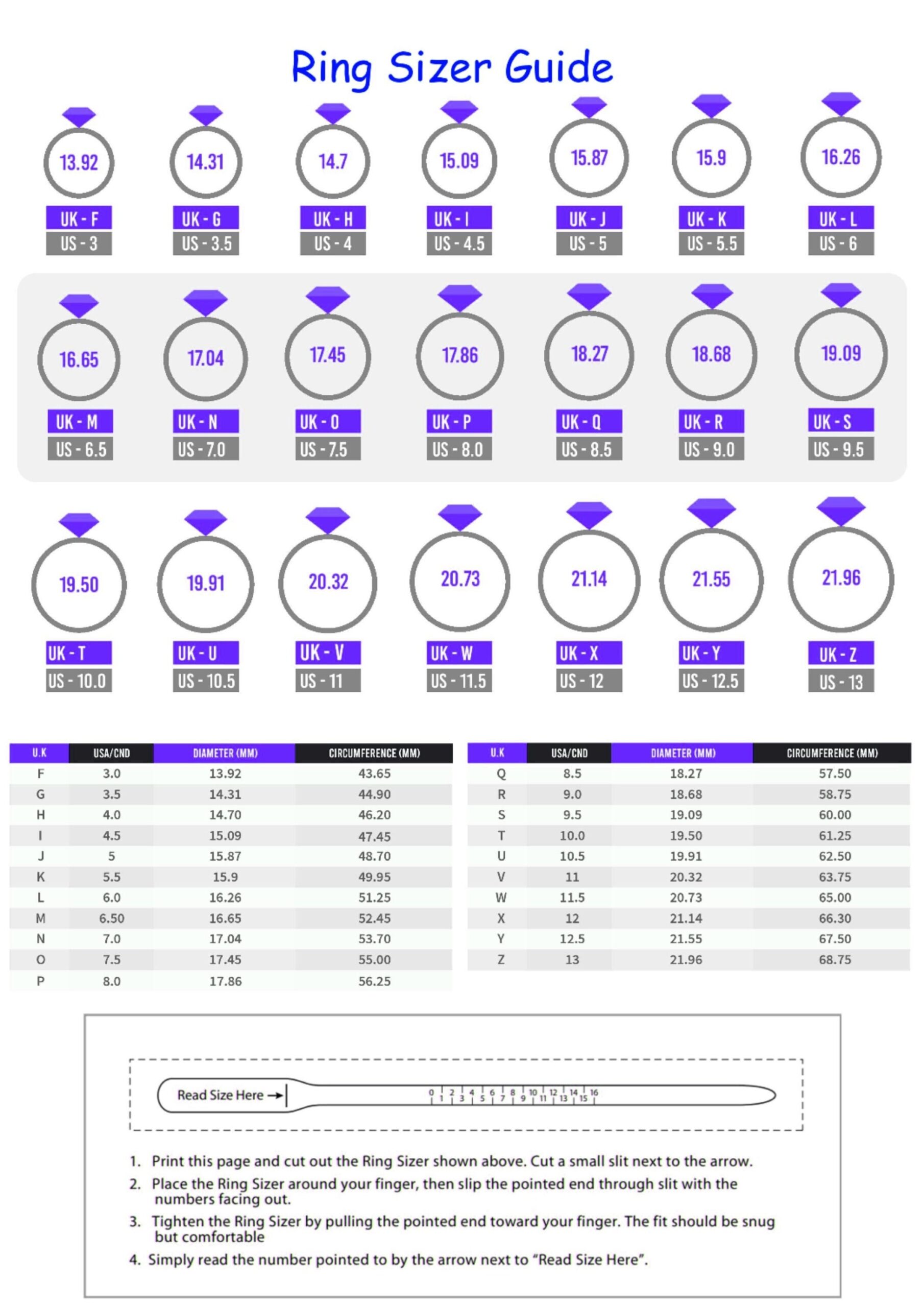 MenS Ring Size Chart Printable