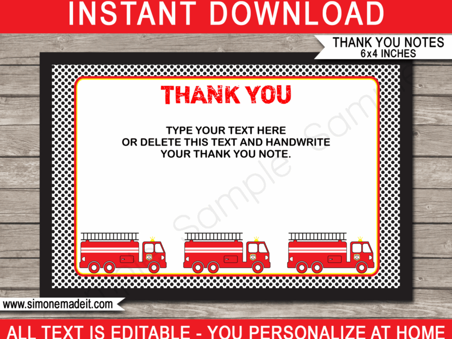 Printable Fireman Party Thank You Cards Fireman Birthday Party