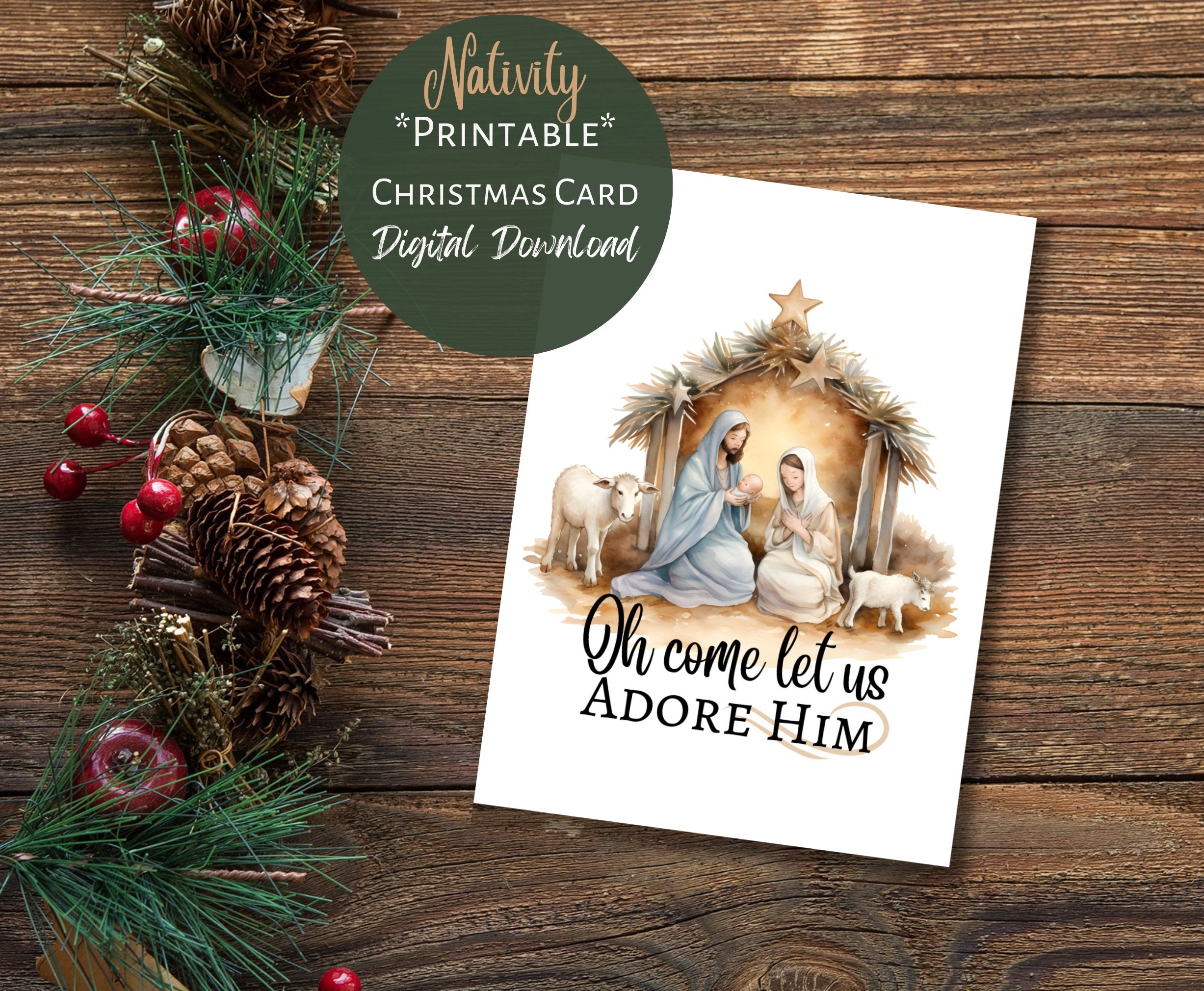 Printable Nativity Christmas Card Digital Instant Download Joseph Mary And Baby Jesus Religious Christian Card Oh Come Let Us Adore Him Etsy