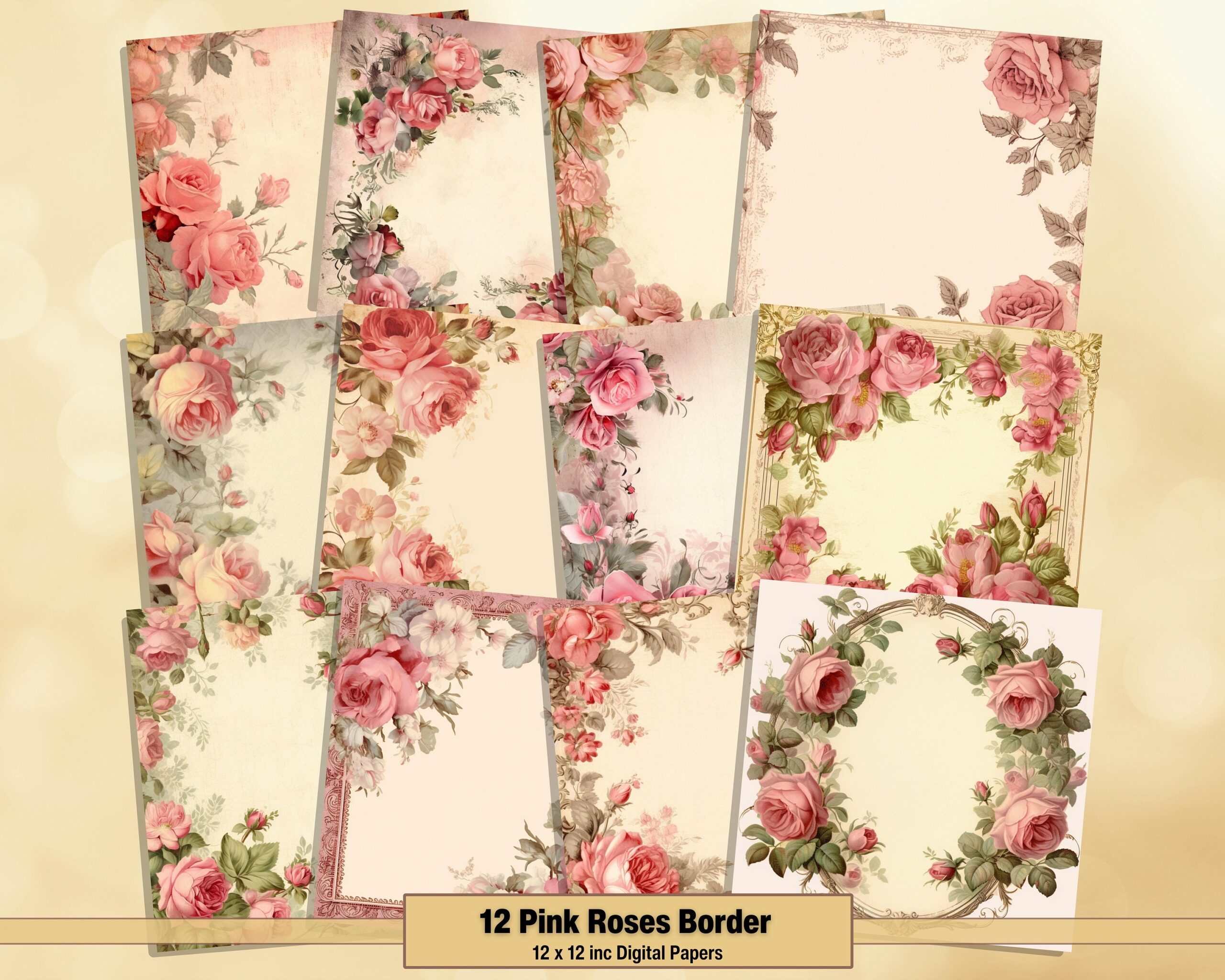 Printable Pink Roses Border Digital Papers Shabby Chic Pages Floral Background Ephemera Download Junk Journal Scrapbooking Card Making Etsy