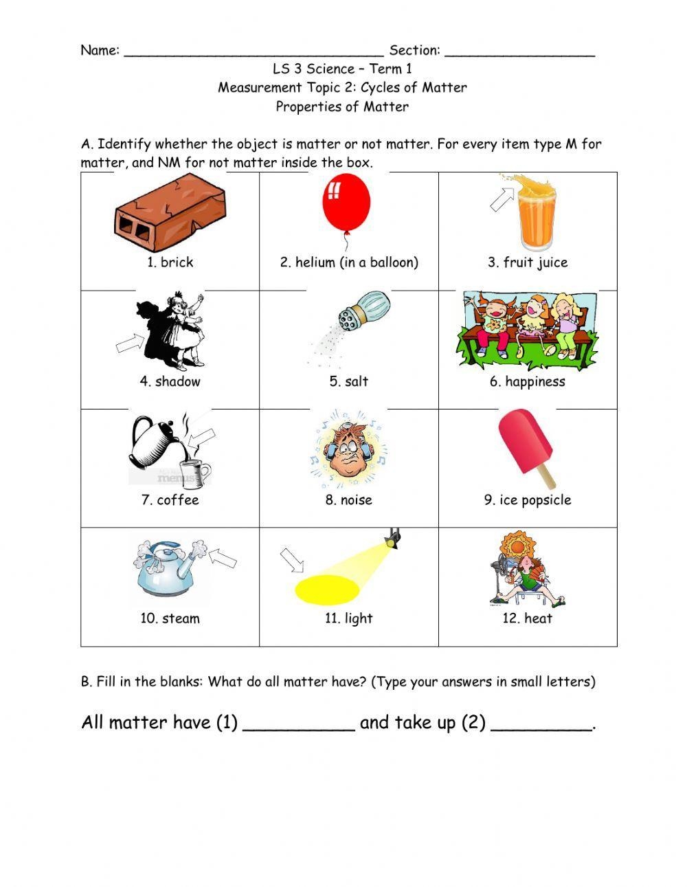 Free Printable Properties Of Matter Worksheets