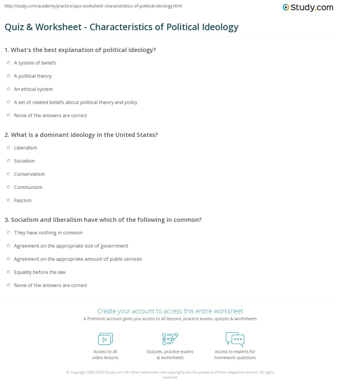 Quiz Worksheet Characteristics Of Political Ideology Study