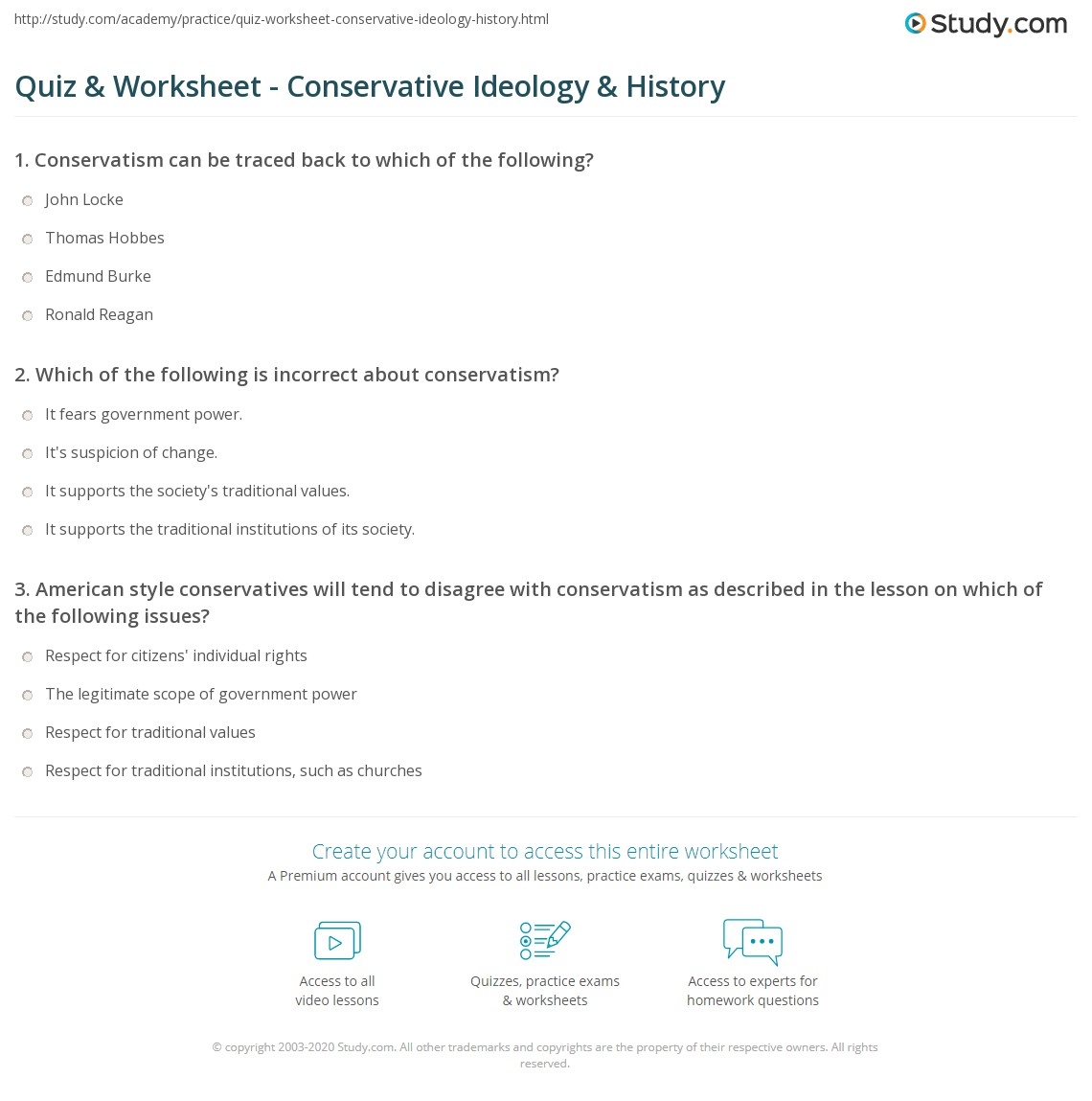 Quiz Worksheet Conservative Ideology History Study