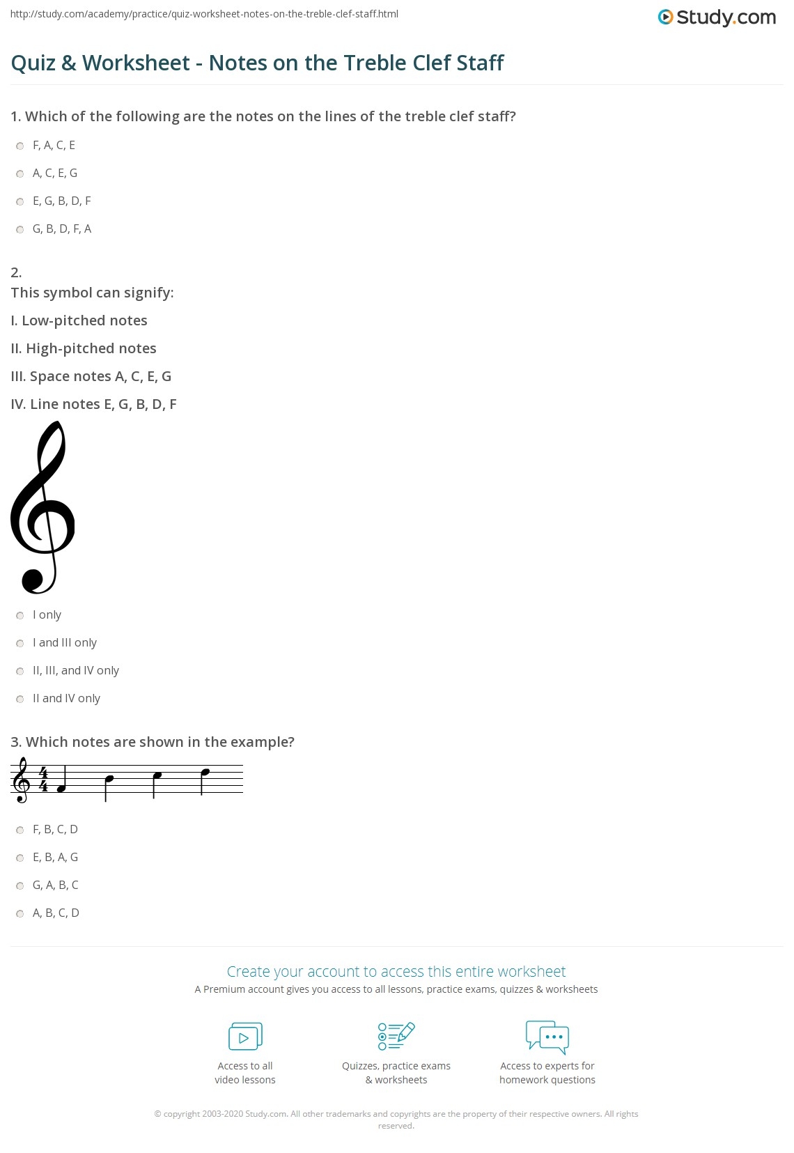 Quiz Worksheet Notes On The Treble Clef Staff Study