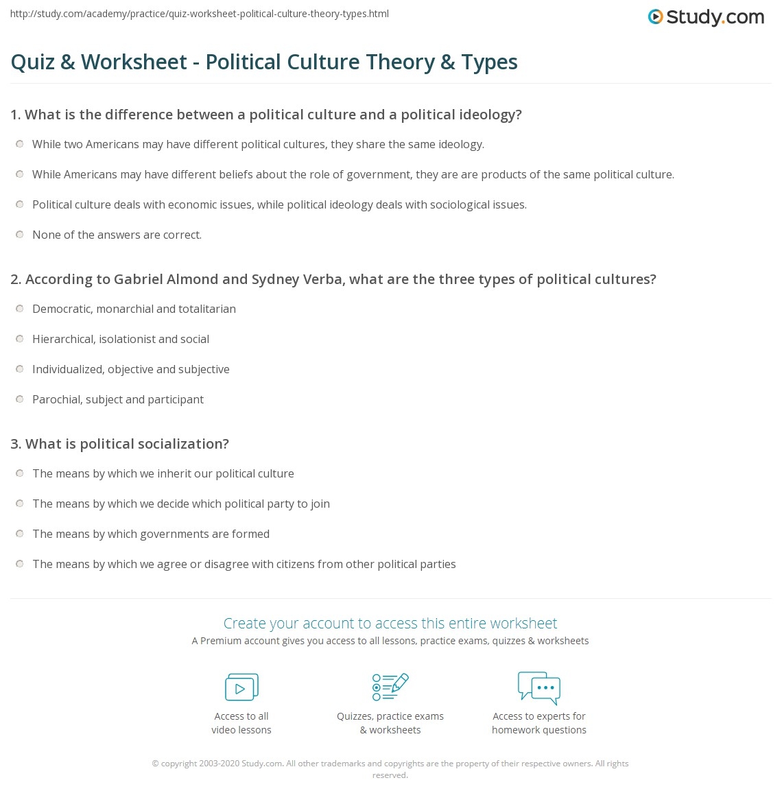 Quiz Worksheet Political Culture Theory Types Study