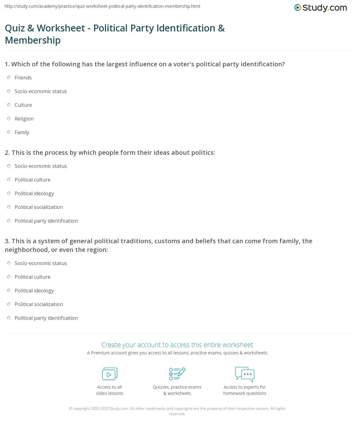 Quiz Worksheet Political Party Identification Membership Study