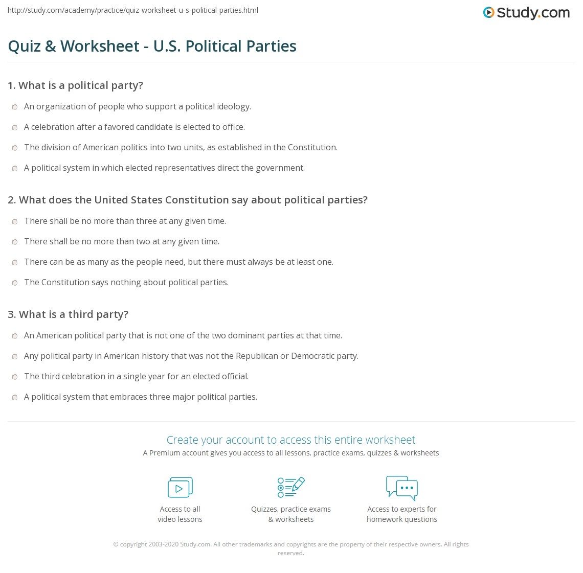 Quiz Worksheet U S Political Parties Study
