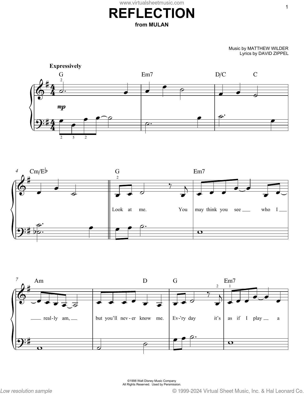 Reflection from Mulan easy Sheet Music For Piano Solo PDF 