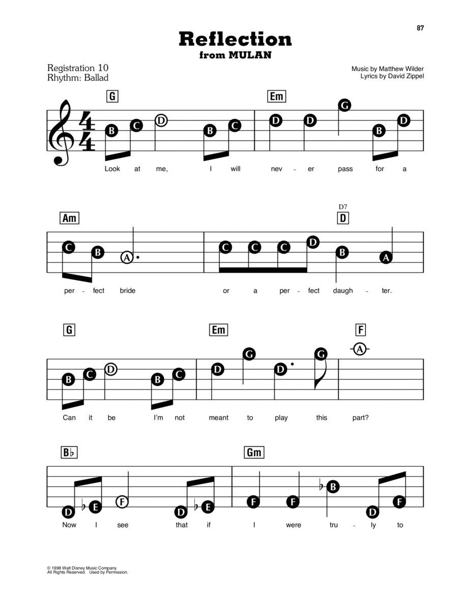 Free Printable Piano Sheet Music Reflection-Mulan