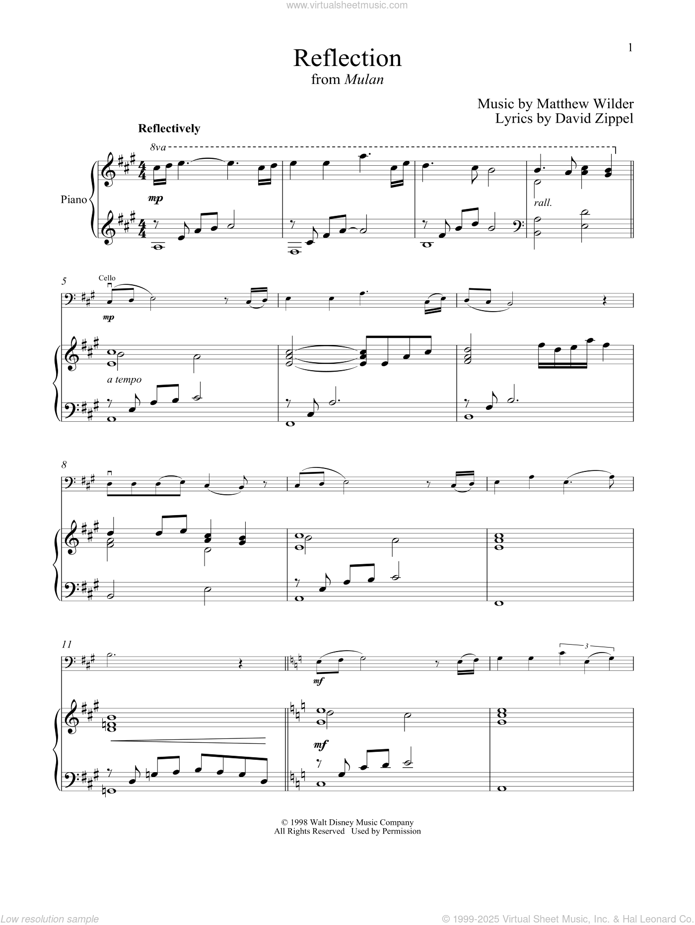 Reflection from Mulan Sheet Music For Cello And Piano PDF 