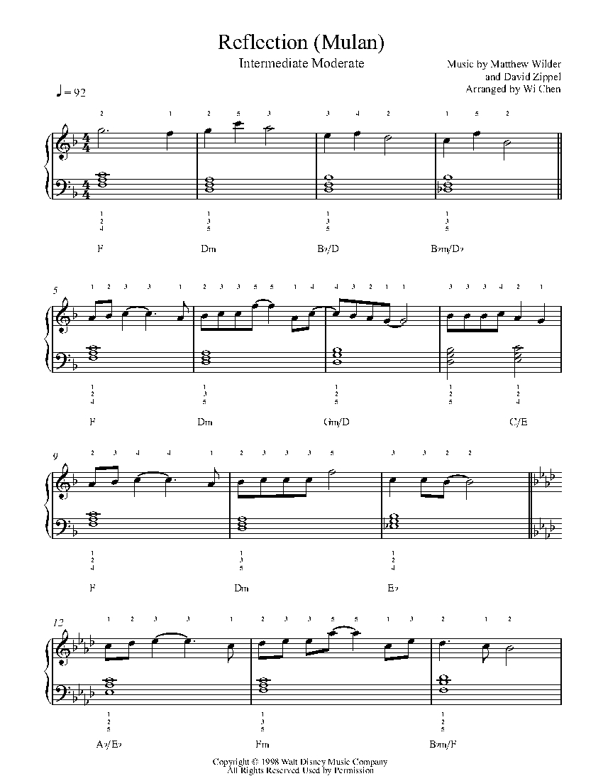 Reflection Mulan Theme By Christina Aguilera Sheet Music Lesson Intermediate Level