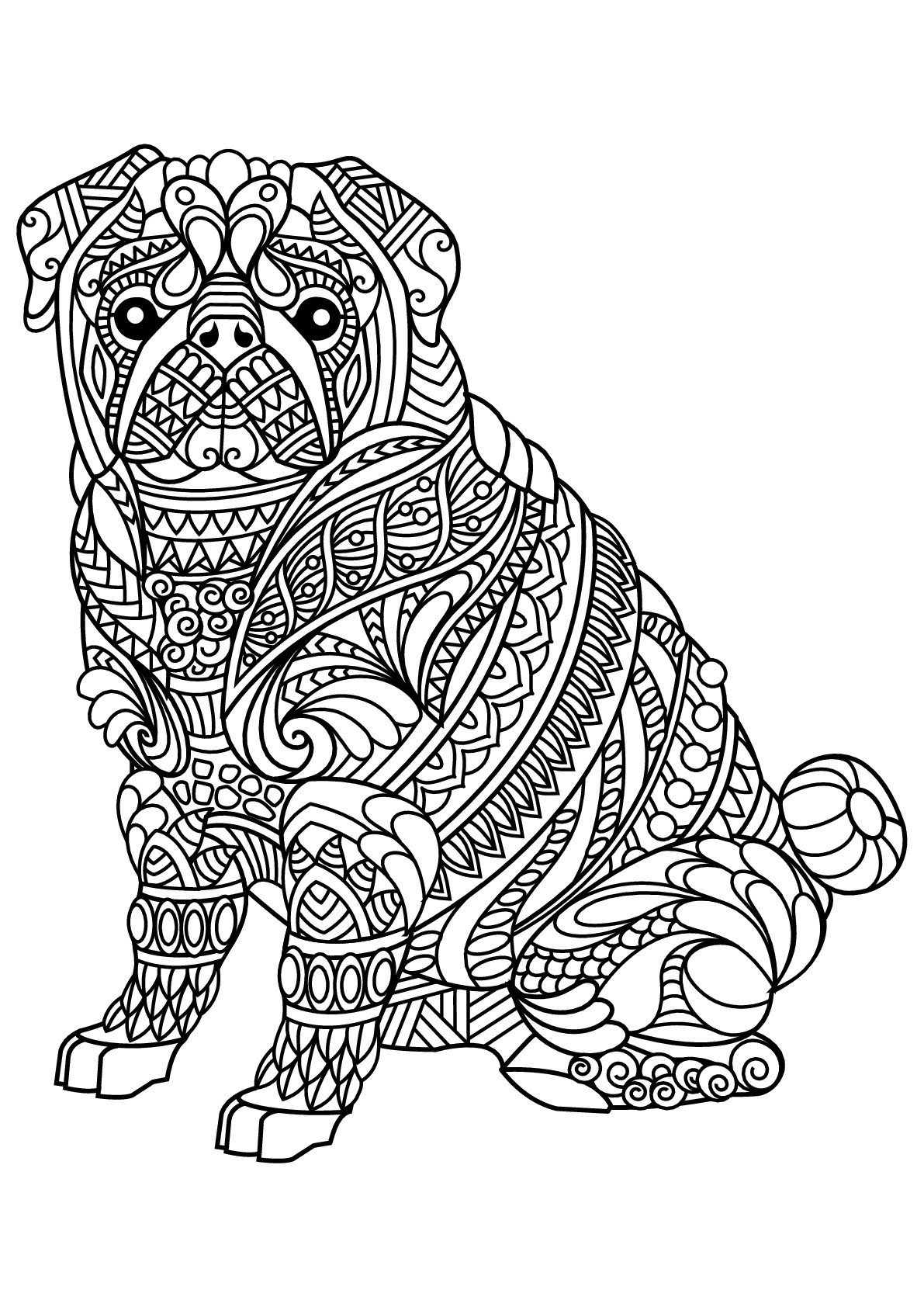 Sitting Bulldog And Pretty Patterns Dog Coloring Pages For Adults