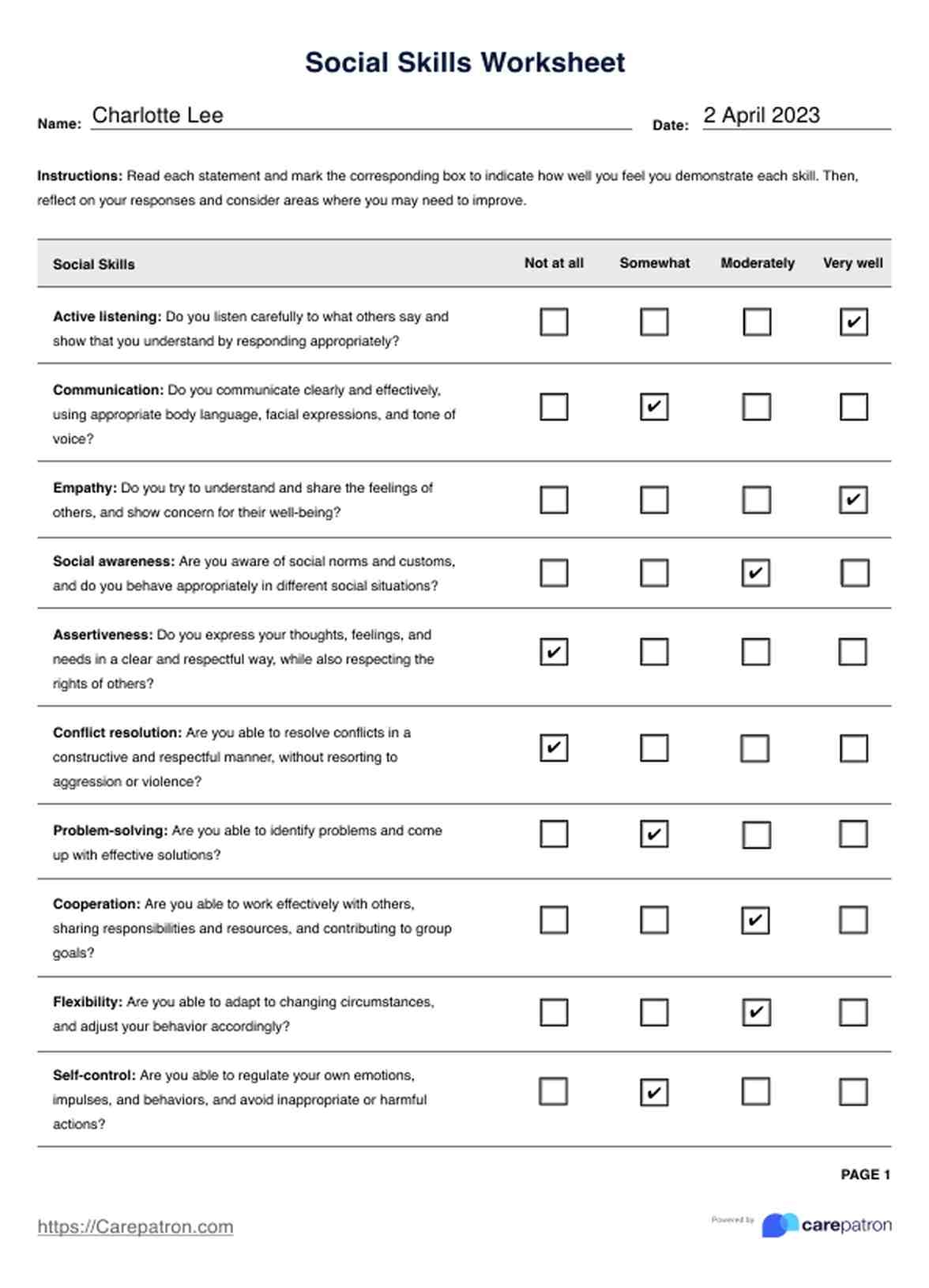 Social Skills Worksheet Example Free PDF Download