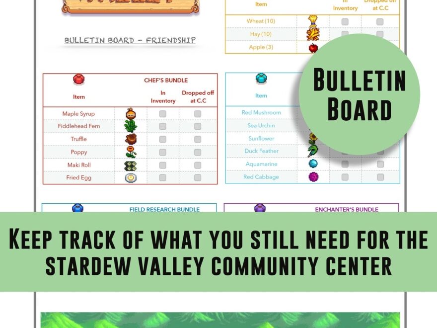 Stardew Valley Checklist Bulletin Board Community Center Items Tracking List Game Check List Item List Etsy