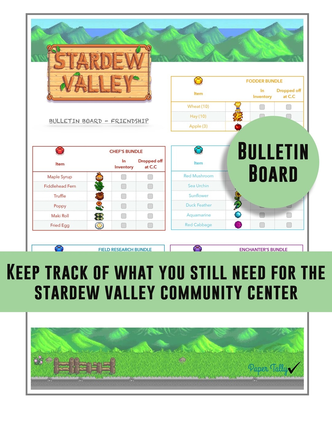 Stardew Valley Checklist Bulletin Board Community Center Items Tracking List Game Check List Item List Etsy