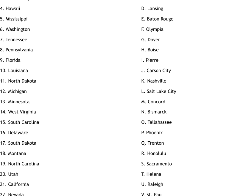 States And Capitals Quiz Worksheet WordMint