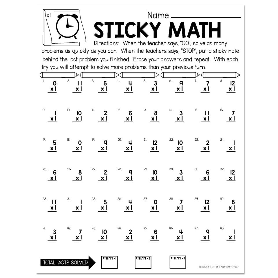 Sticky Math Fact Fluency Practice Multiplication X1 Lucky Little Learners