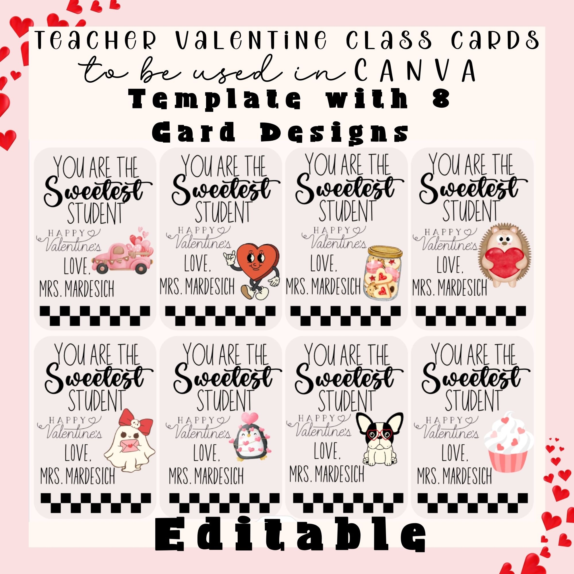 Teacher Valentine Cards editable Template For Printable Student Valentines Valentine Cards For Class cute February Theme Valentine Cards Etsy