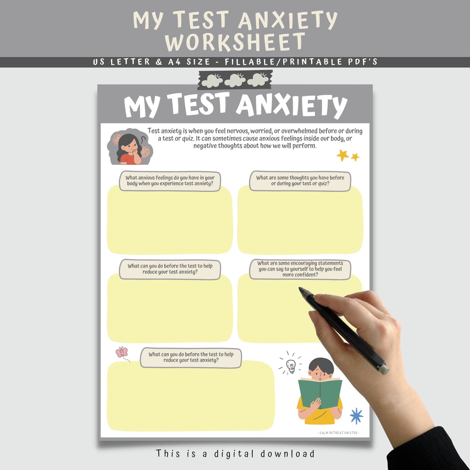 Test Anxiety Fillable Worksheet For Kids Teens Printable Child Therapy Counseling Worksheets Worry Anxious Nervous Feelings Emotions Etsy