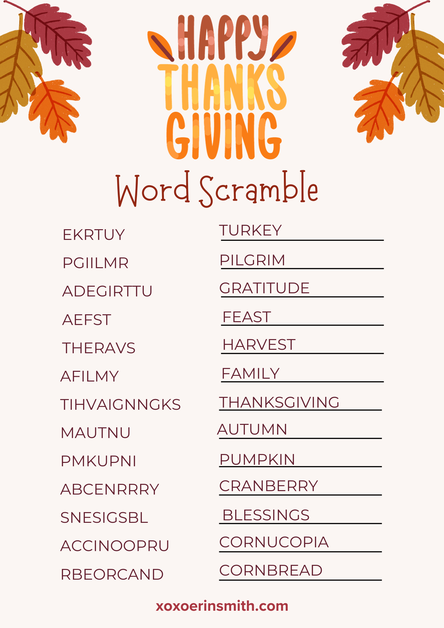 Thanksgiving Word Games Free Printable