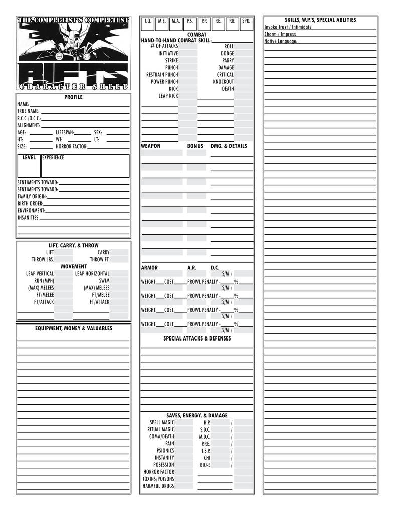 Heroes Unlimited Character Sheet Printable