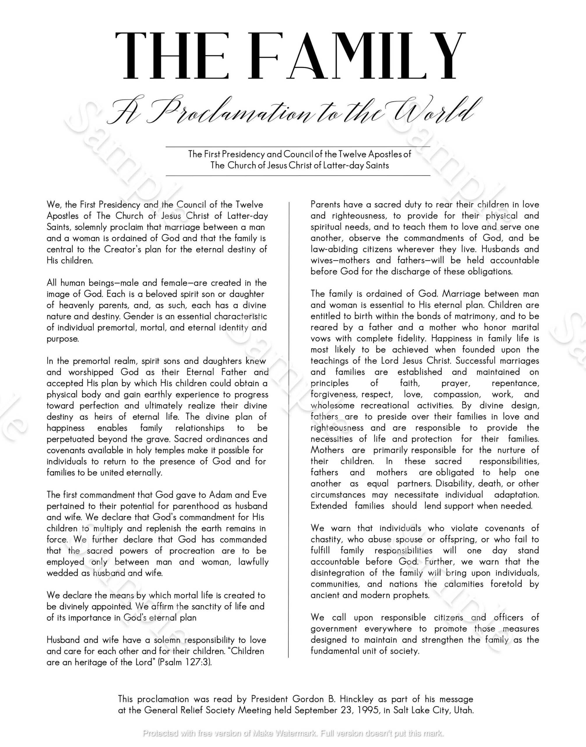 The Family A Proclamation To The World LDS Printable Digital Download Instant File Sleek Design 2 Sizes 8x10 11x14 Etsy