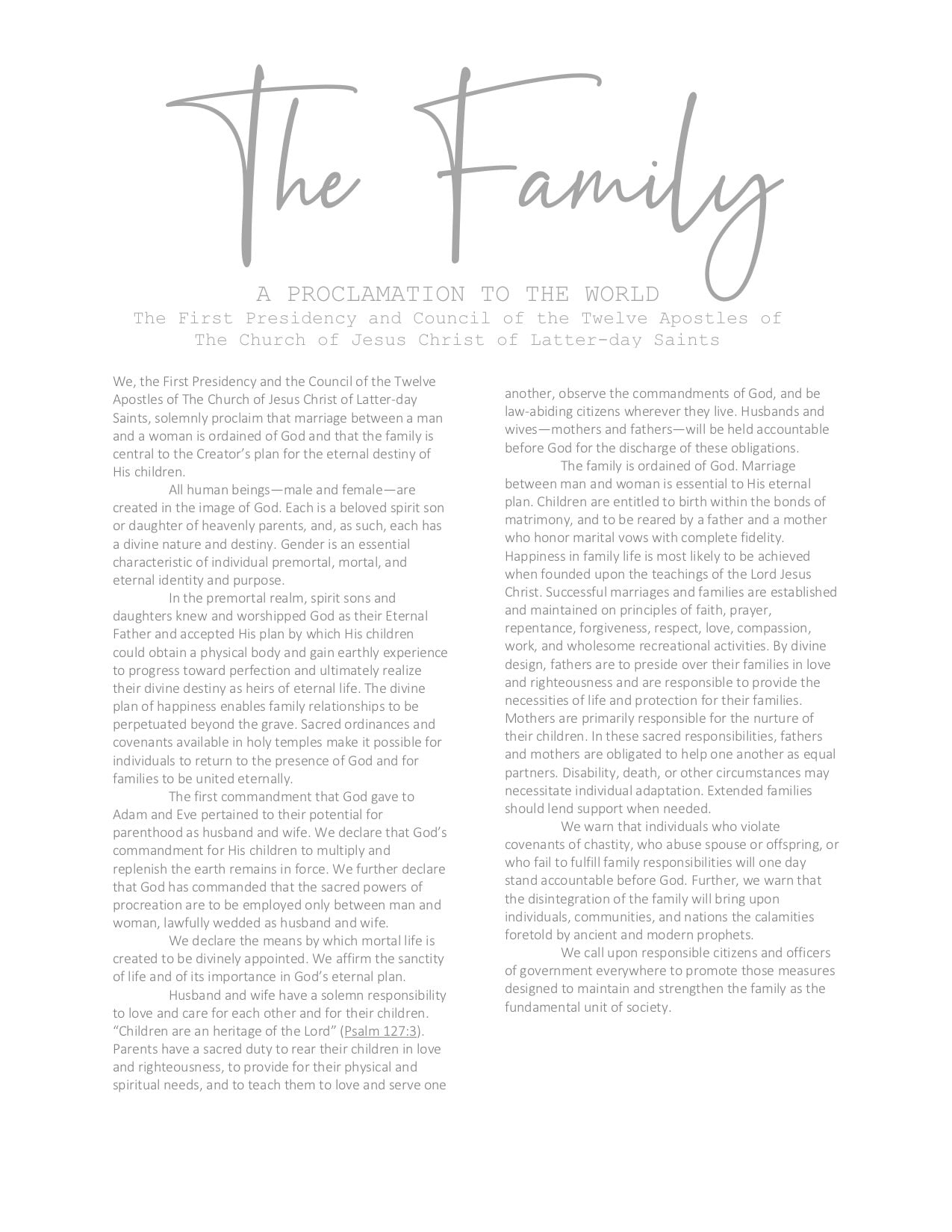 Family Proclamation To The World Printable