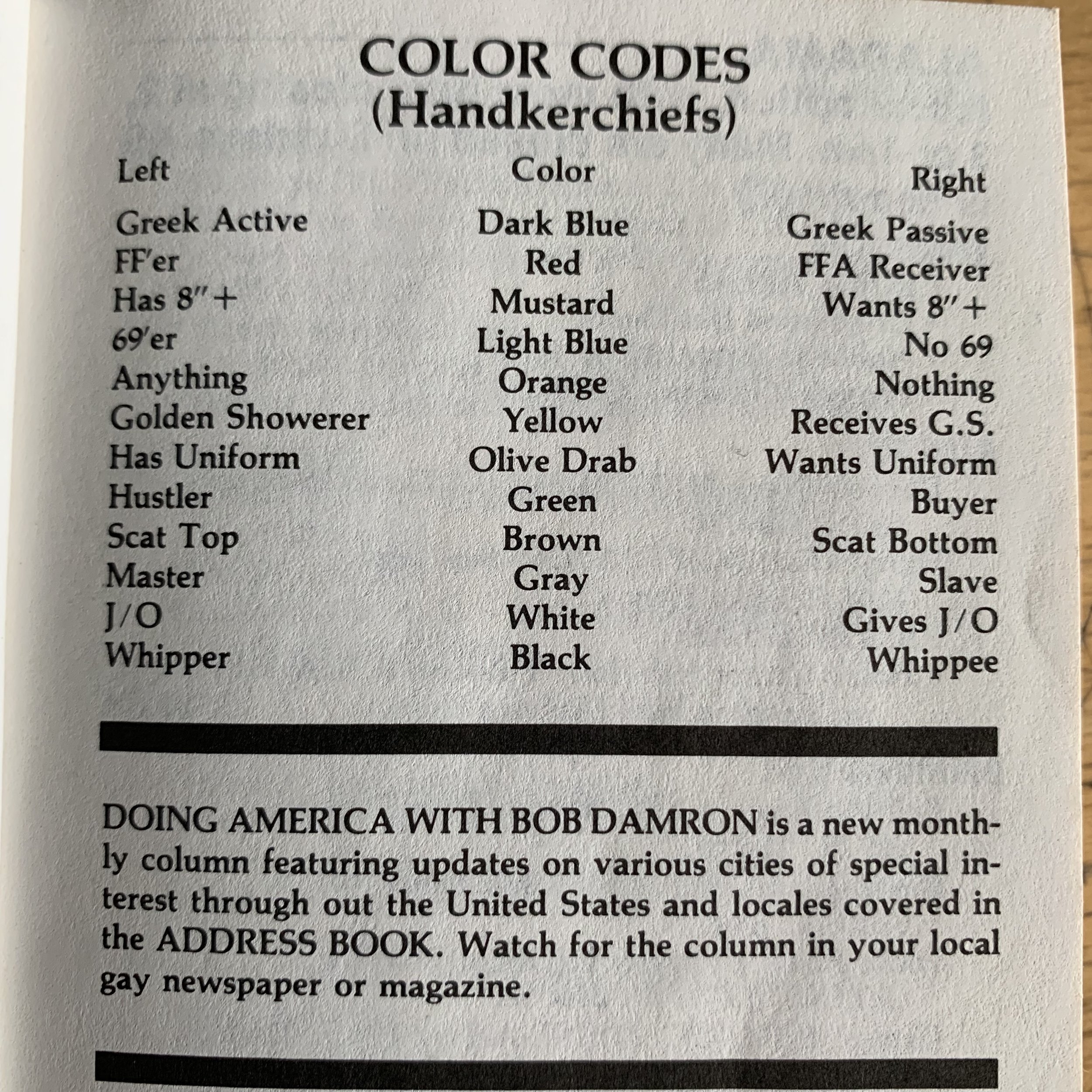 The Handkerchief Code According To Bob Damron s Address Book In 1980 The Saint Foundation