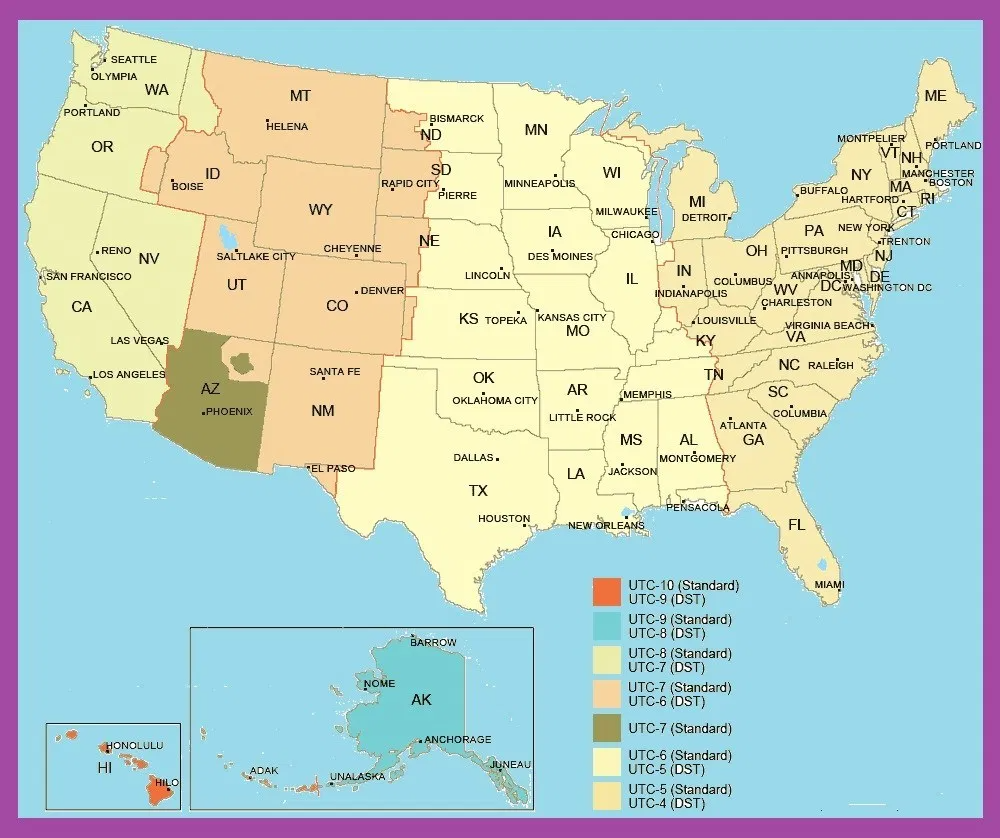 Time Zones Map Usa Printable