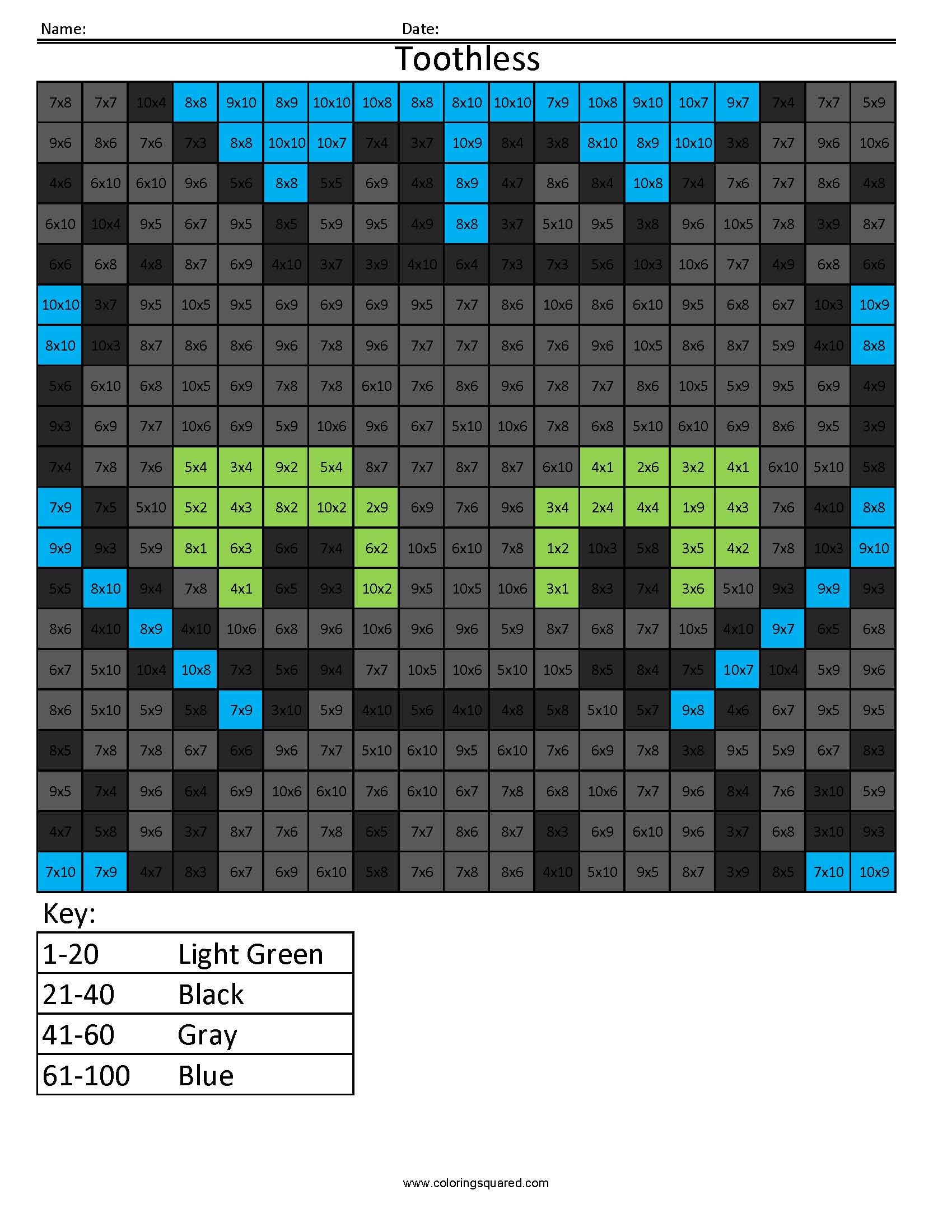 Toothless Dragon Practice Multiplication Coloring Squared