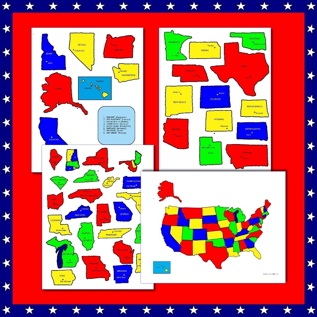U S States Map Printable Jigsaw Puzzle Grades 3 7 Learn The States Capitals Etsy