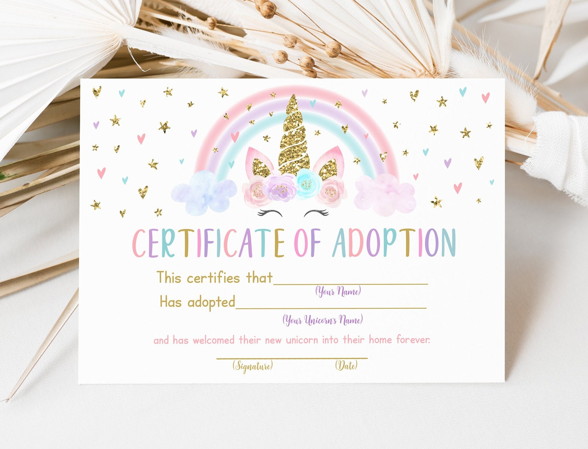 Unicorn Certificate Of Adoption Adopt A Unicorn Rainbow Unicorn Party Pink Gold Pastel Floral Unicorn Printable Digital Download A582 Etsy