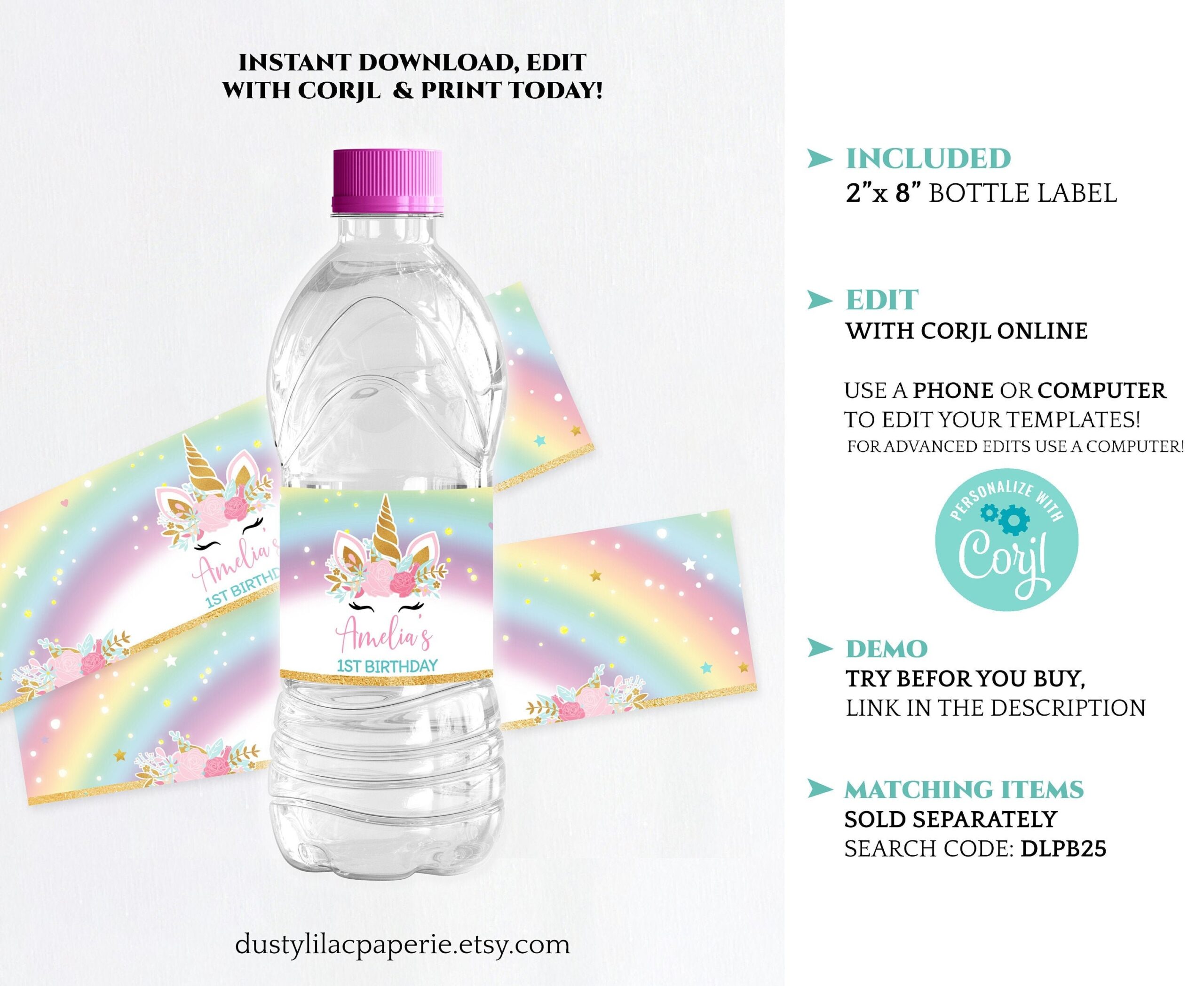 Unicorn Water Bottle Label Editable Rainbow Magical Celebration Girl Birthday Party Label Template Gold Glitter Floral Unicorn DLPB25 Etsy