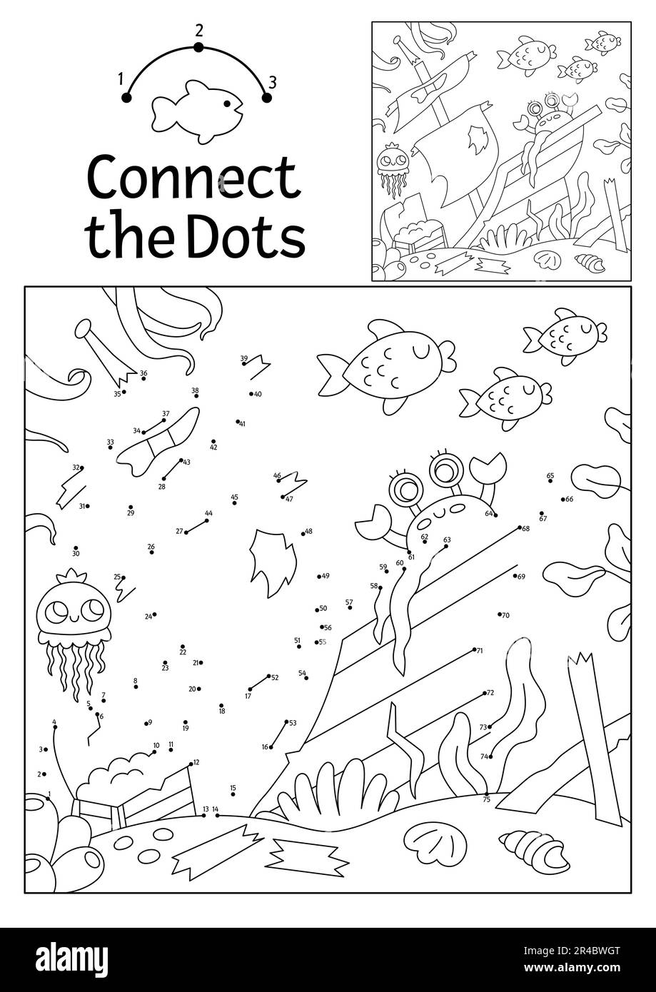 Vector Dot to dot And Color Activity With Wrecked Ship Hidden In Landscape Under The Sea Connect The Dots Game For Children Ocean Life Coloring Page Stock Vector Image Art Alamy