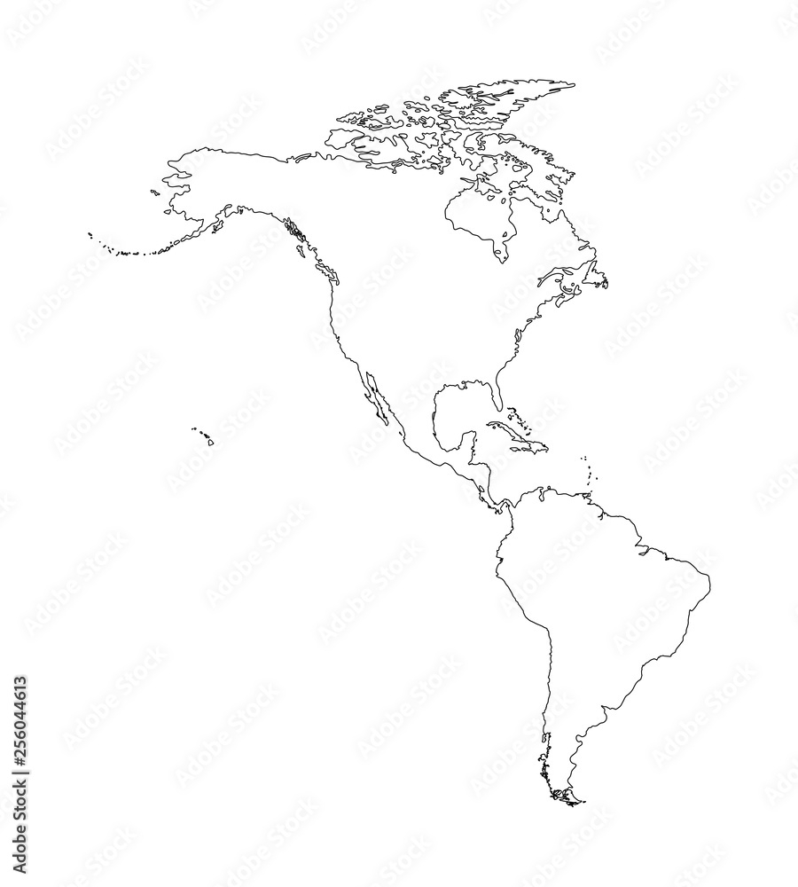 Vector Illustration With Map Of North And South America Continent Black Line Silhouettes White Background Stock Vector Adobe Stock