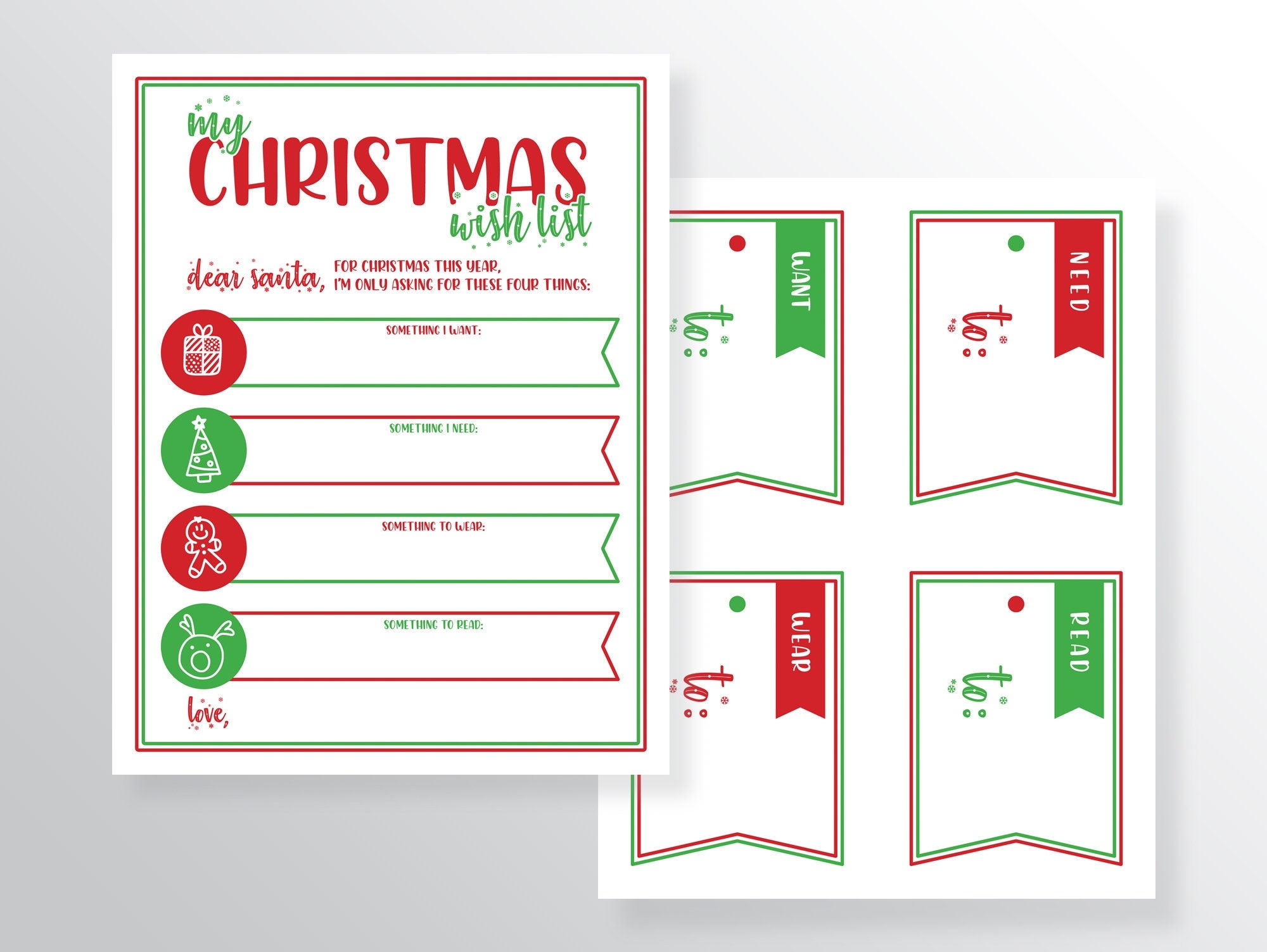 Want Need Wear Read 4 Gift Christmas Wish List Printable With Gift Tags Etsy