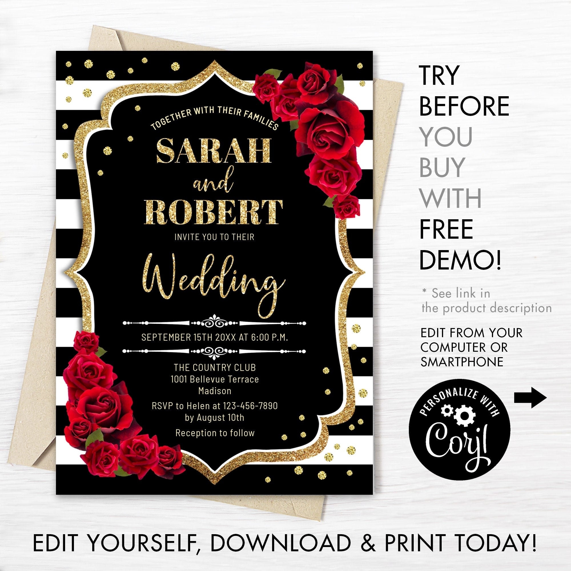 Wedding Invitation INSTANT DOWNLOAD Digital Template Black White Stripes Glitter Gold Red Roses Invite Etsy Ireland