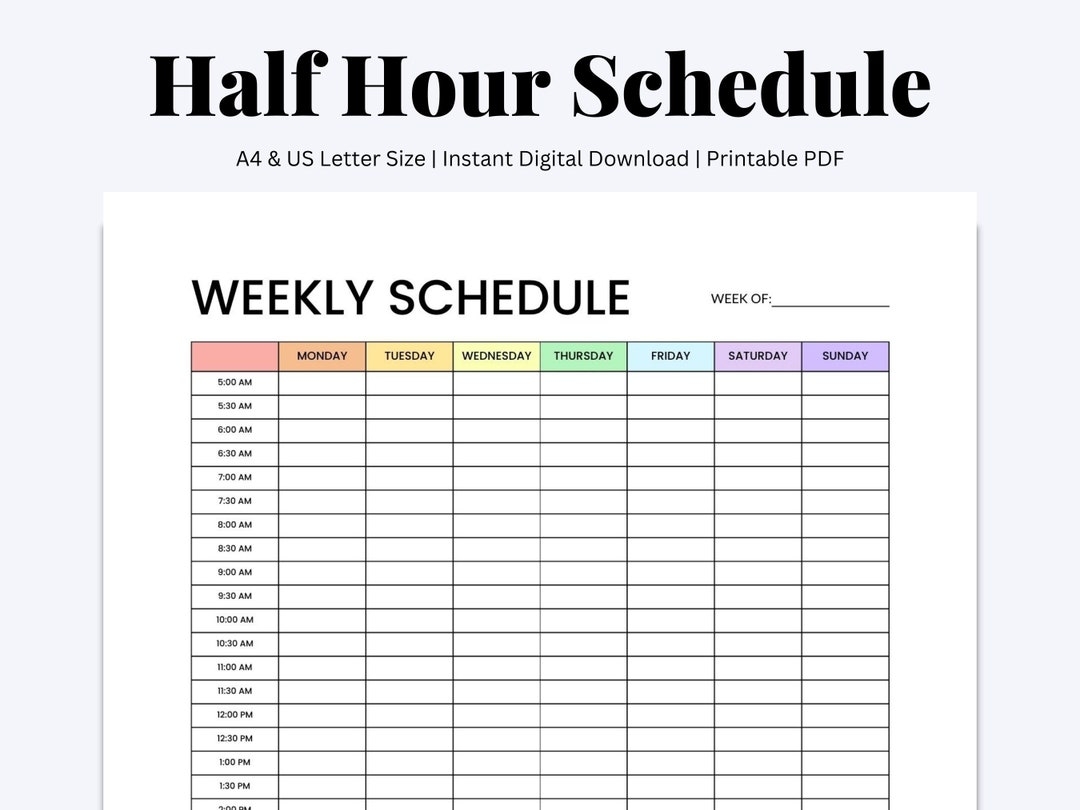 Weekly Schedule Half Hour Weekly Planner Hour By Hour Planner Block Time Schedule Productivity Planner Printable PDF US Letter A4 Etsy
